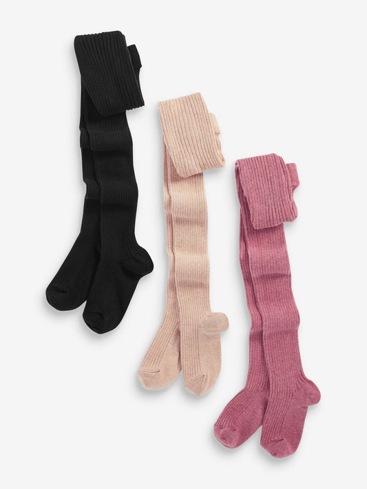 Pink/Honey Cream/Black 3 Pack Cotton Rich Rib Tights image 1