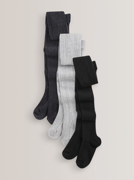 Black/Grey Regular Length Cotton Rich Cable Tights 3 Pack image 1