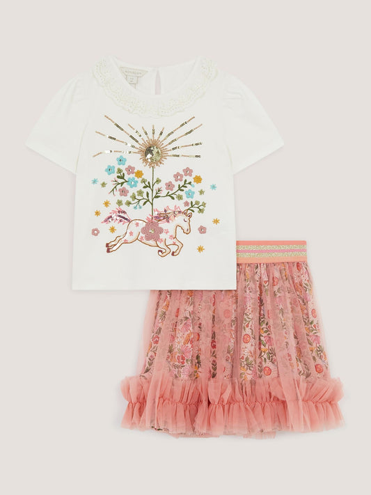 Monsoon Pink Embellished T-Shirt & Tulle Skirt Set image 1