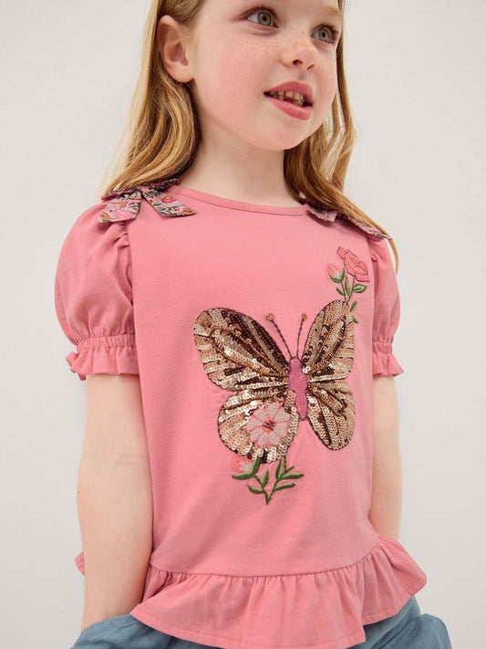 Dsiney Kidz - Monsoon Pink Sequin Butterfly Cotton T-Shirt image 1