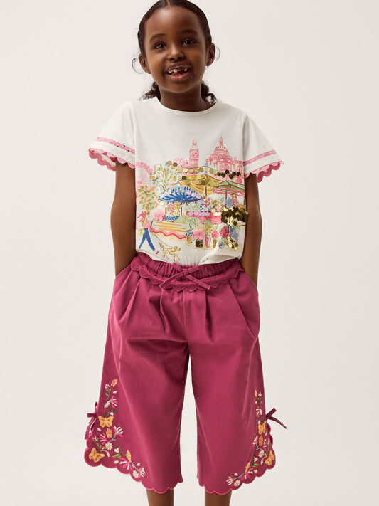 Monsoon Pink Floral Embroidered Scallop Trim Trousers image 1