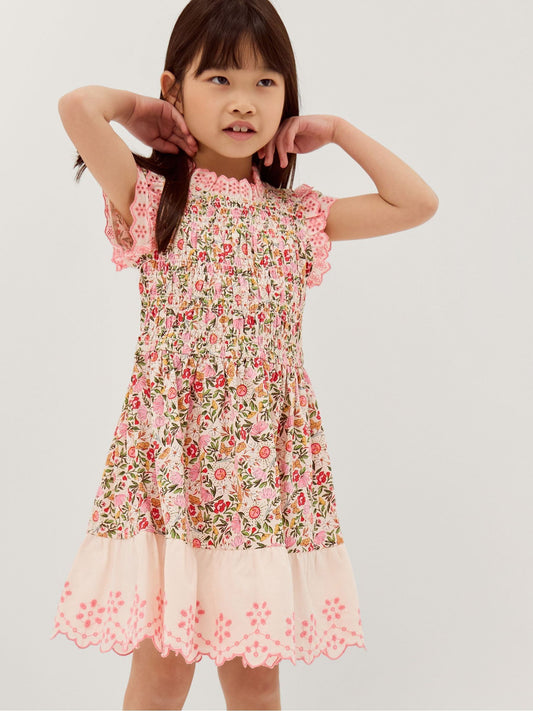Monsoon Pink Floral Broderie Smocked Jersey Dress image 1