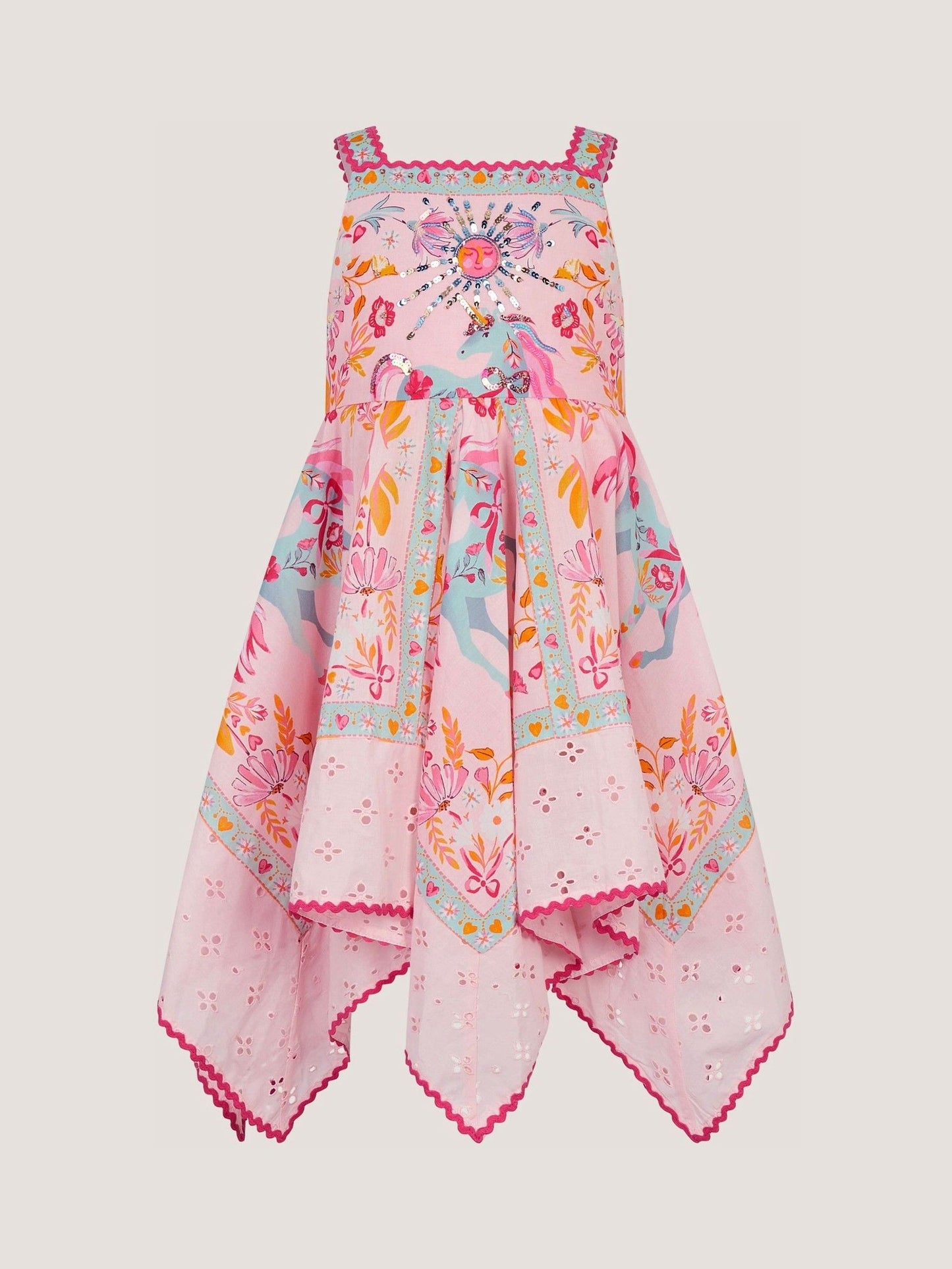 Monsoon Pink Unicorn Print Hanky Hem Dress image 2