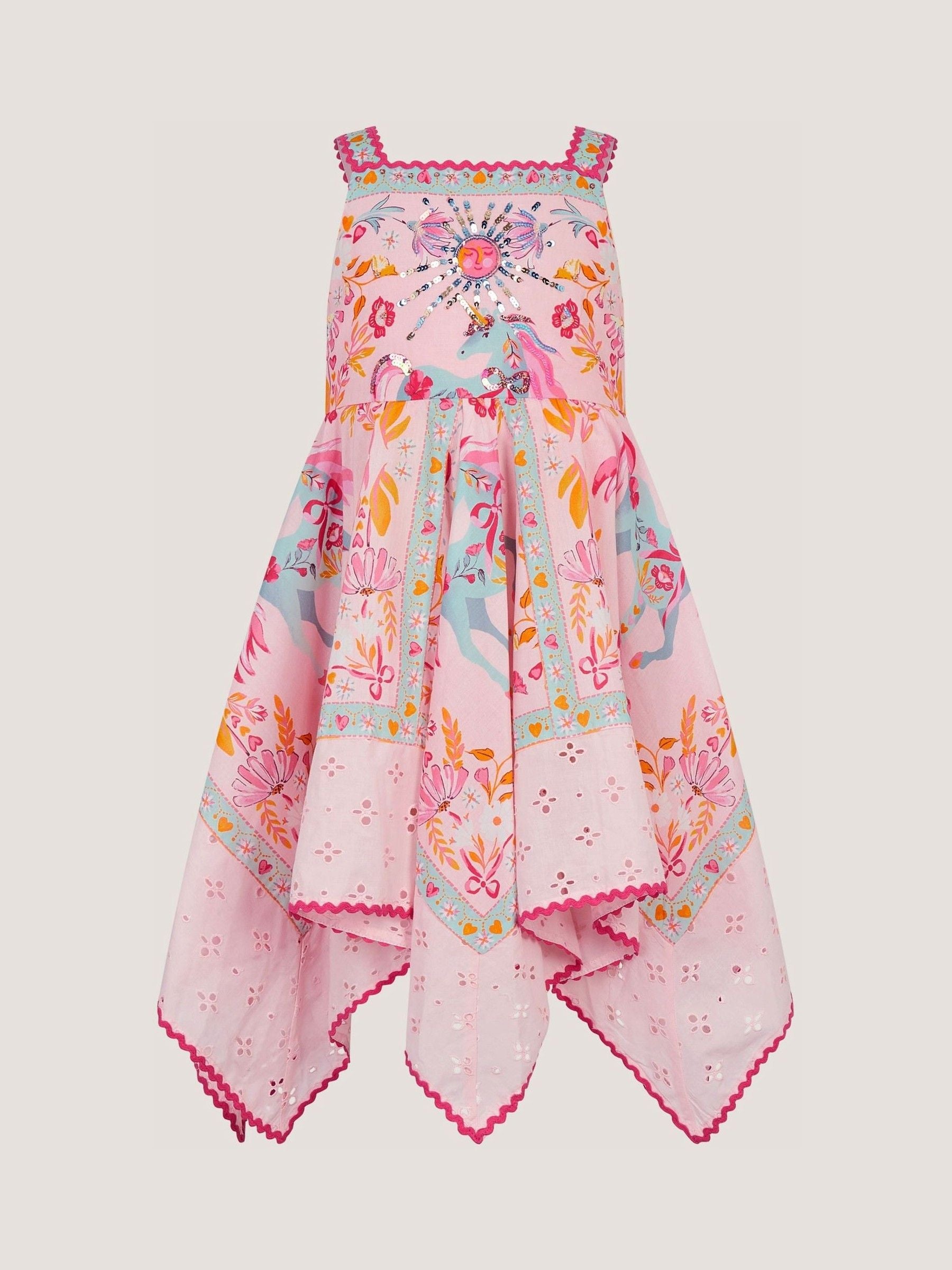 Monsoon Pink Unicorn Print Hanky Hem Dress image 2