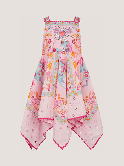 Monsoon Pink Unicorn Print Hanky Hem Dress image 2