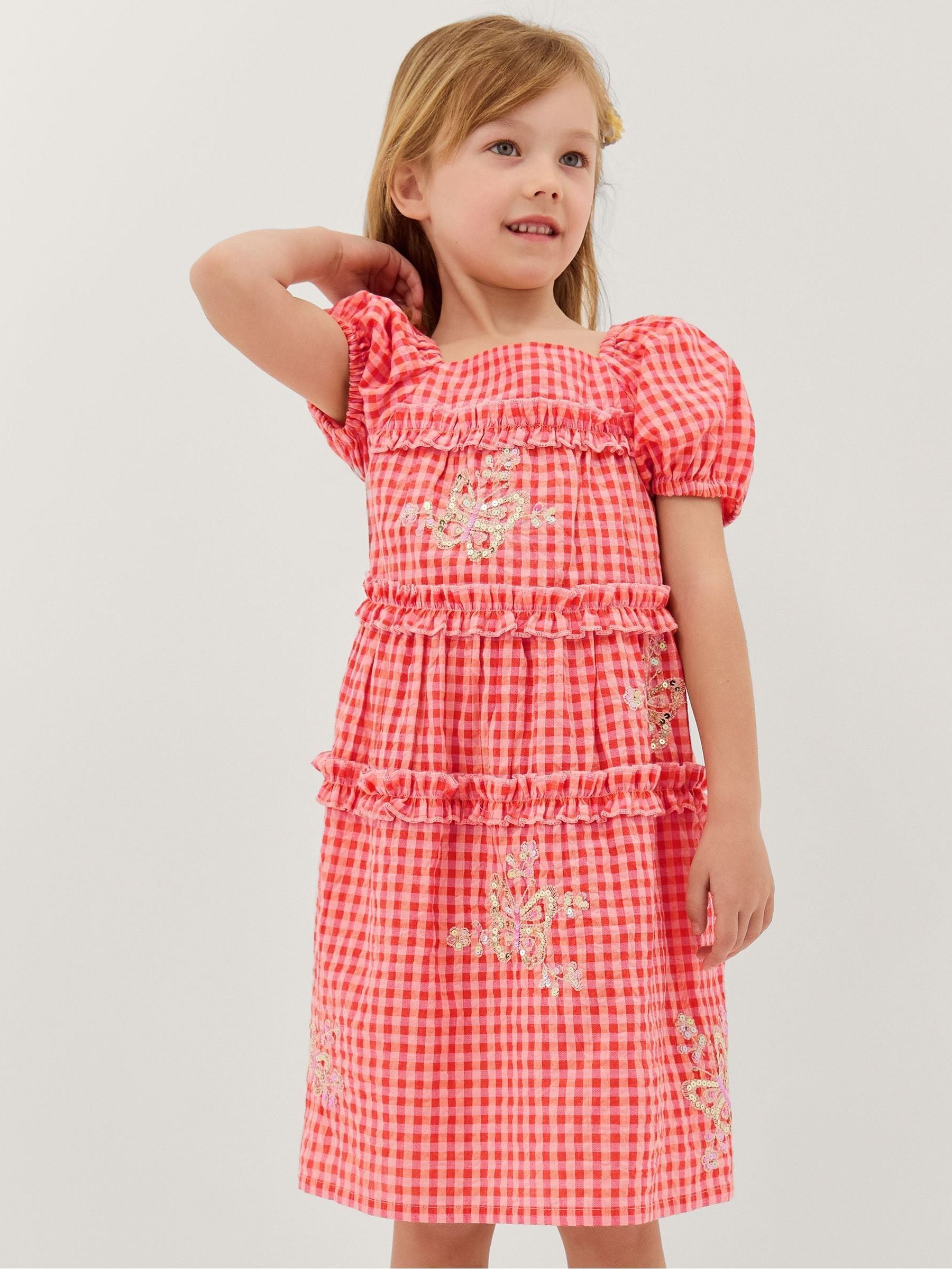 Monsoon Pink Sequin Butterfly Gingham Dress image 1