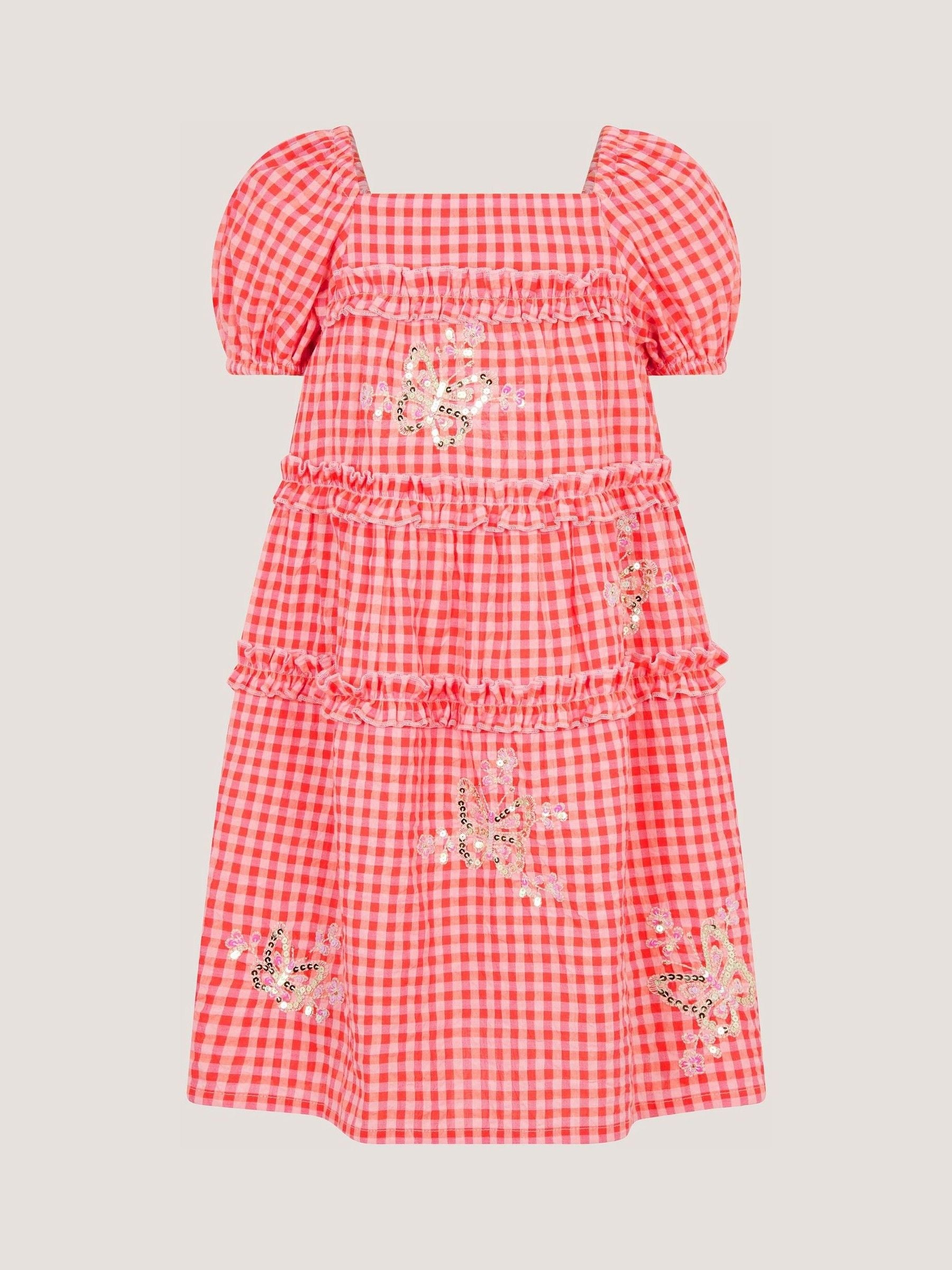 Monsoon Pink Sequin Butterfly Gingham Dress image 2