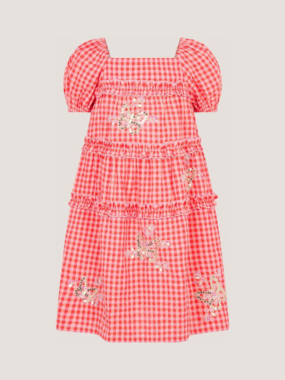 Monsoon Pink Sequin Butterfly Gingham Dress image 2