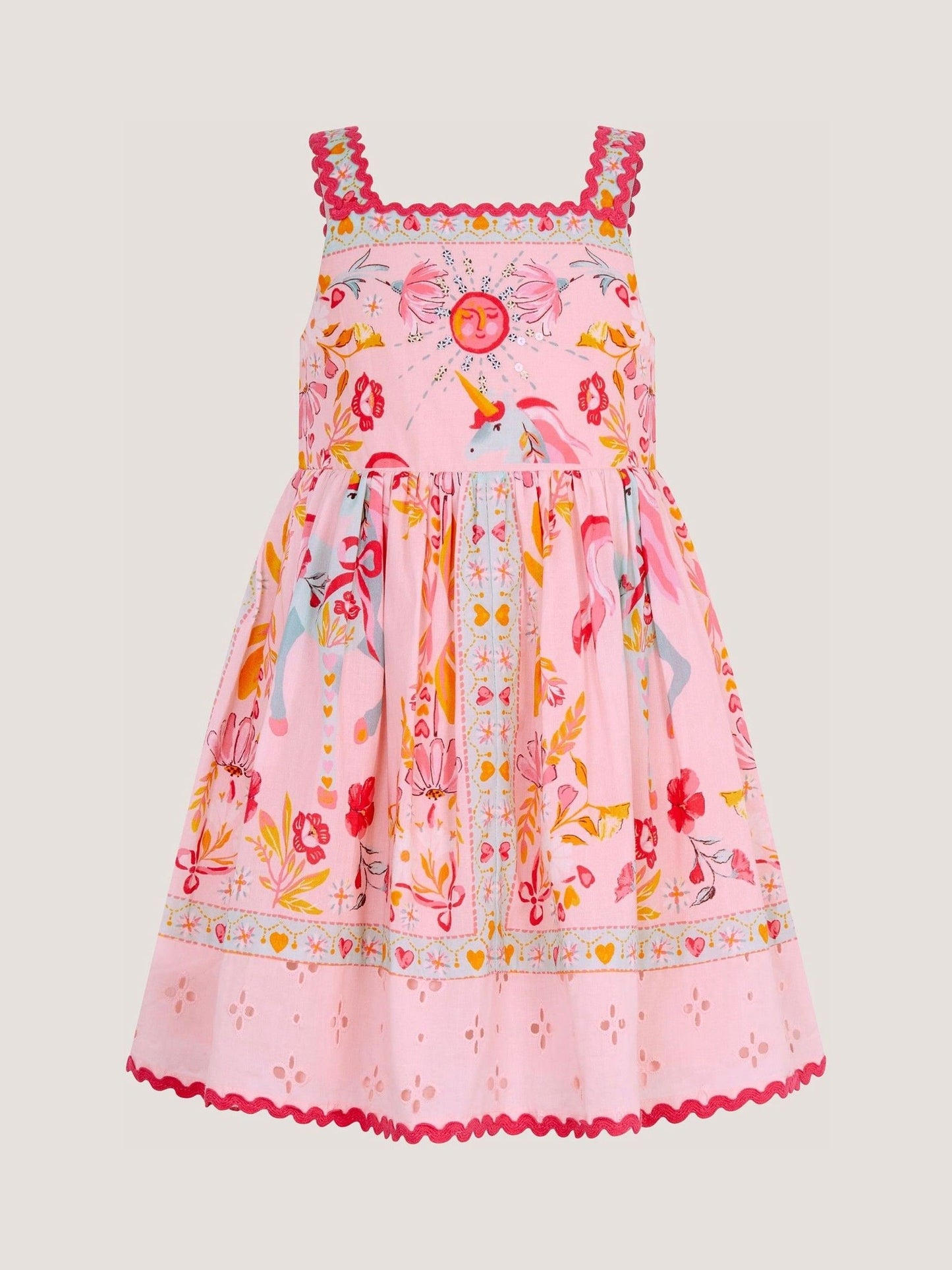 Monsoon Pink Baby Unicorn Print Broderie Dress image 2