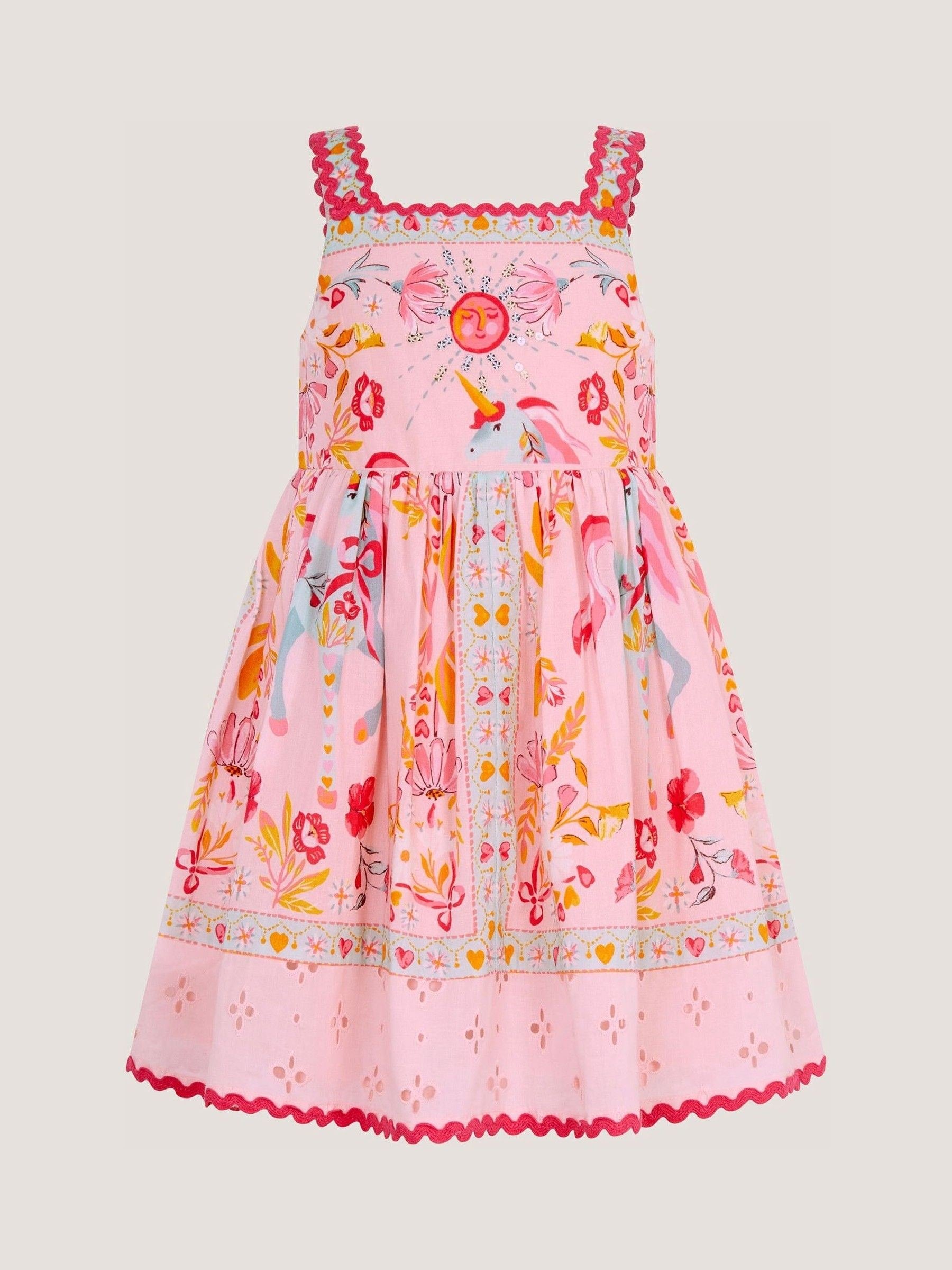 Monsoon Pink Baby Unicorn Print Broderie Dress image 2