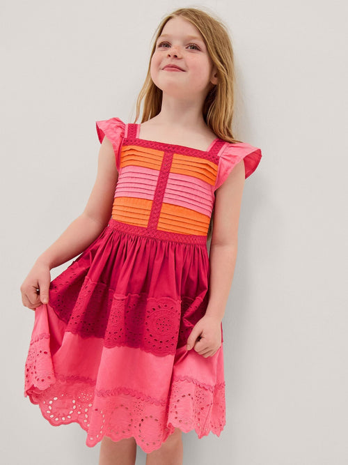 Dsiney Kidz - Monsoon Pink Colour Block Broderie Dress image 1