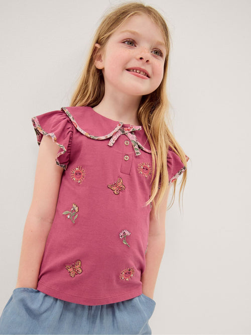 Dsiney Kidz - Monsoon Pink Floral Embroidered Cotton T-Shirt image 1