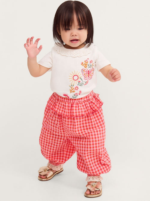 Dsiney Kidz - Monsoon Pink Baby Embroidered Gingham Top & Trousers Set image 1