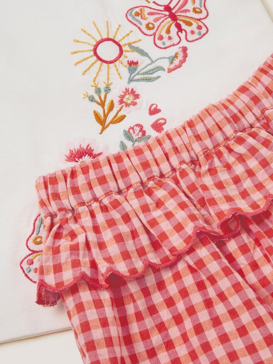 Monsoon Pink Baby Embroidered Gingham Top & Trousers Set image 2