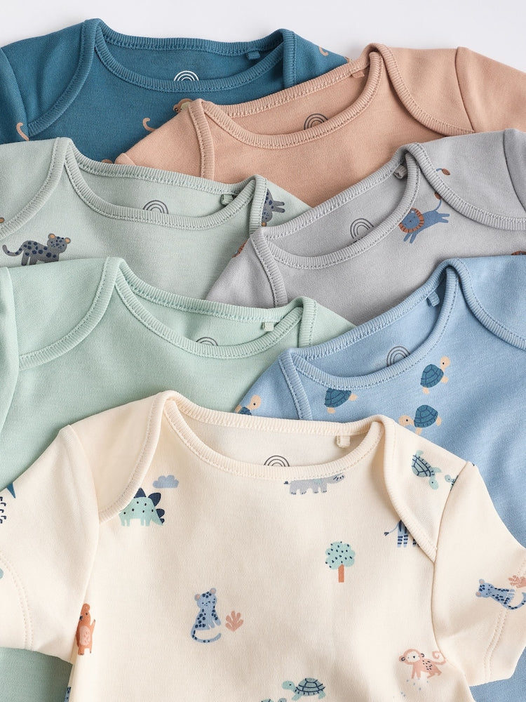 Teal Blue Baby 100% Cotton Bodysuits 7 Pack