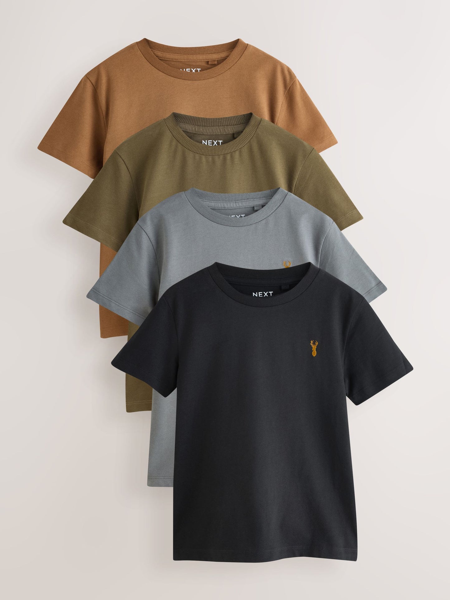 Dsiney Kidz - Grey/Black/Khaki Green/Tan Brown Short Sleeve Stag Embroidered T-Shirts 4 Pack (3-16yrs) image 1