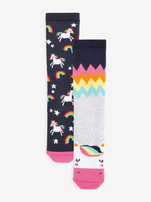 Navy Blue 2 Pack Thermal Cotton Rich Unicorn Welly Socks image 1