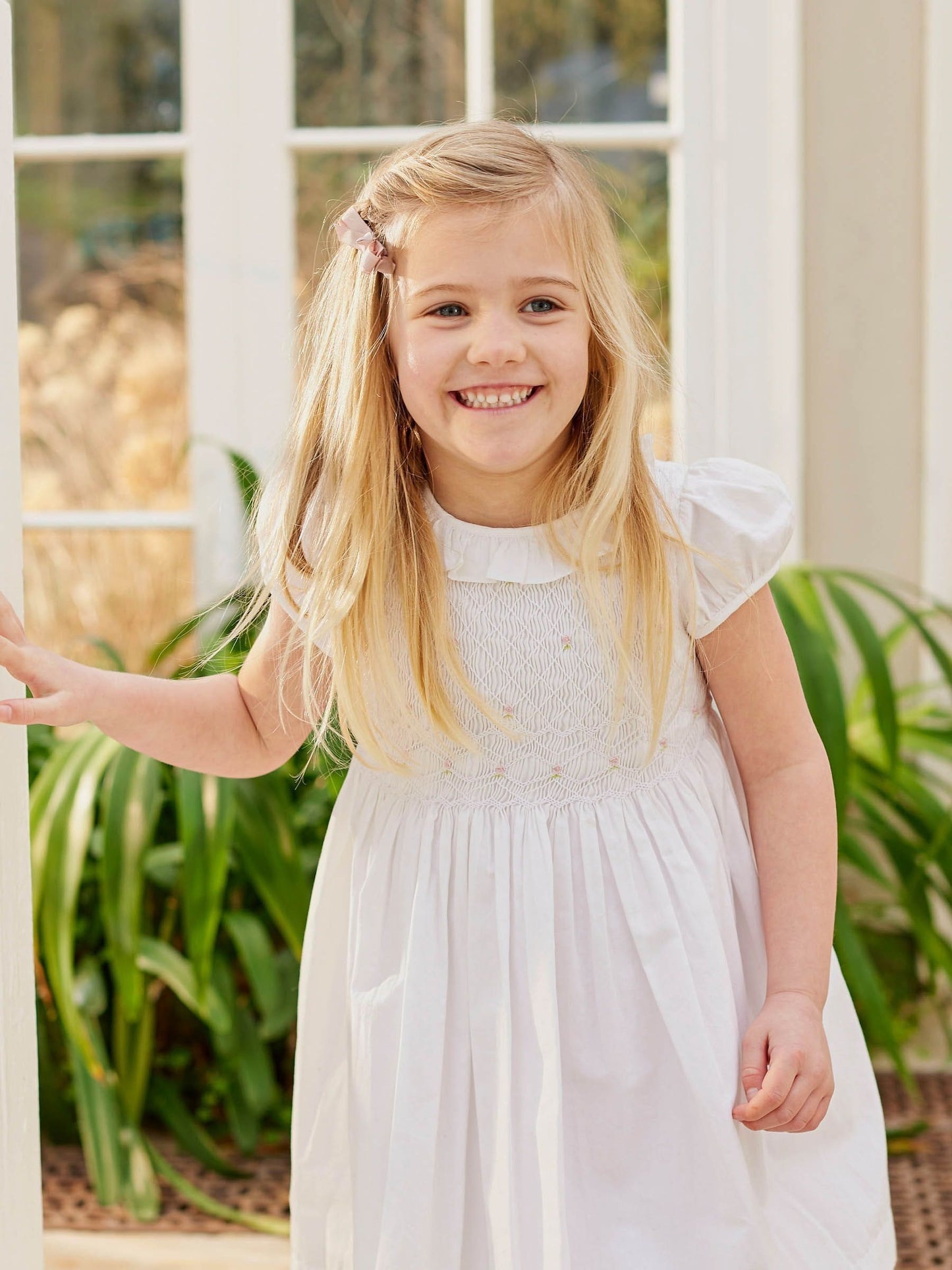 Trotters London White Willow 100% Cotton Rose Hand Smocked Dress image 4