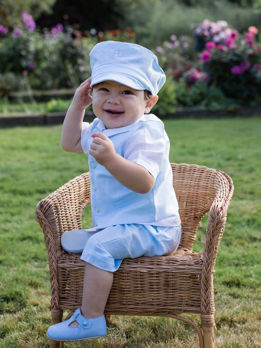 Emile Et Rose Blue Three-Piece Linen Shorts And Hat Set image 1