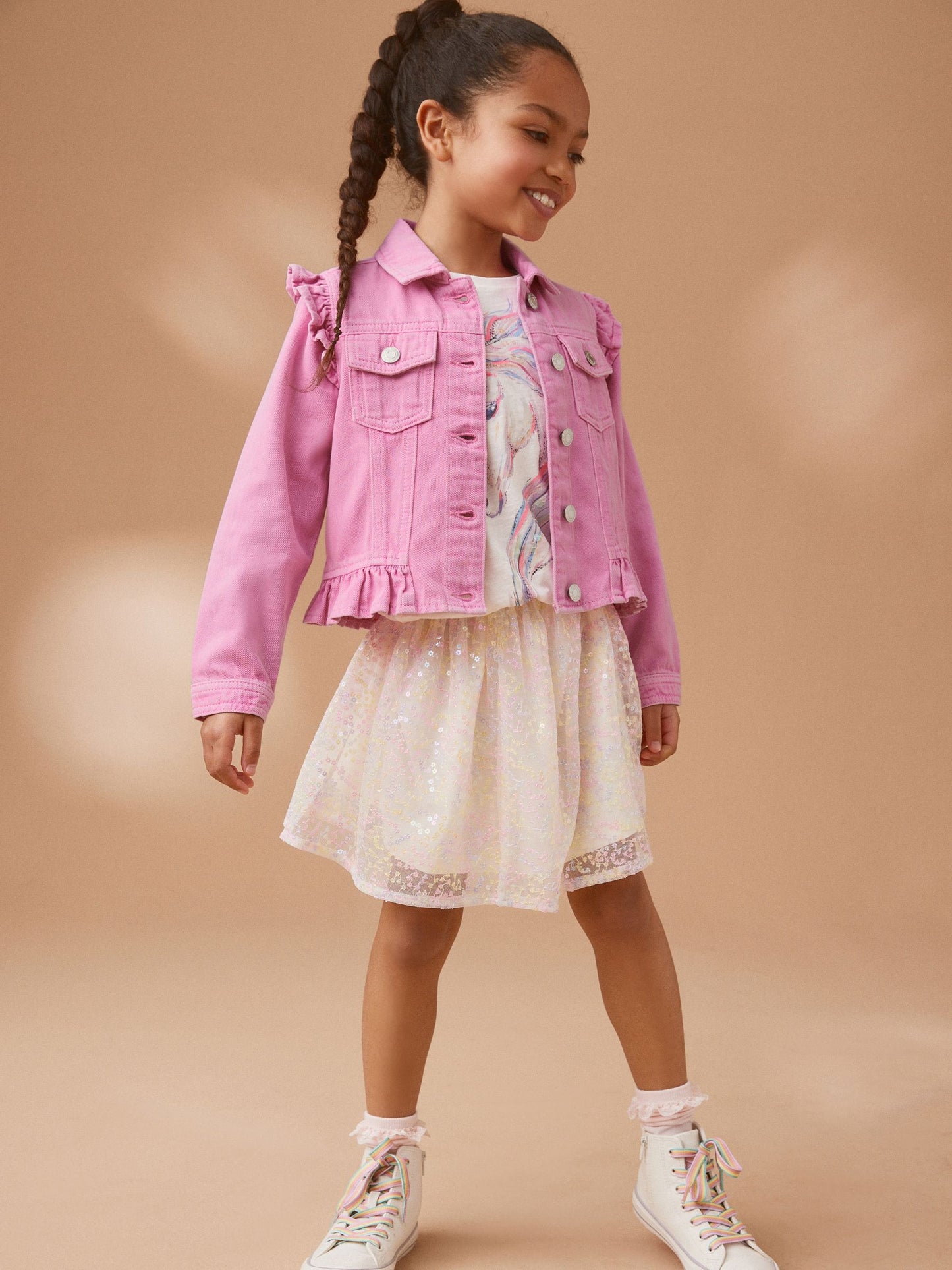 Dsiney Kidz - Bright Pink Frill Shoulder Denim Jacket (3-16yrs) image 1