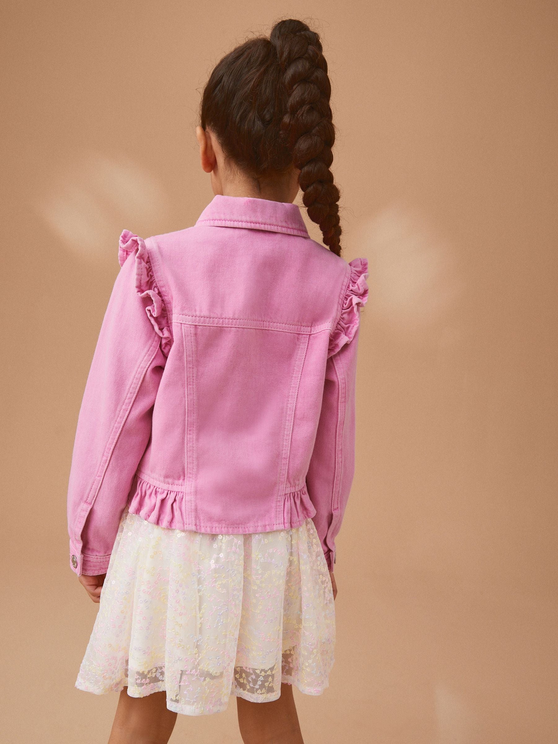 Dsiney Kidz - Bright Pink Frill Shoulder Denim Jacket (3-16yrs) image 3