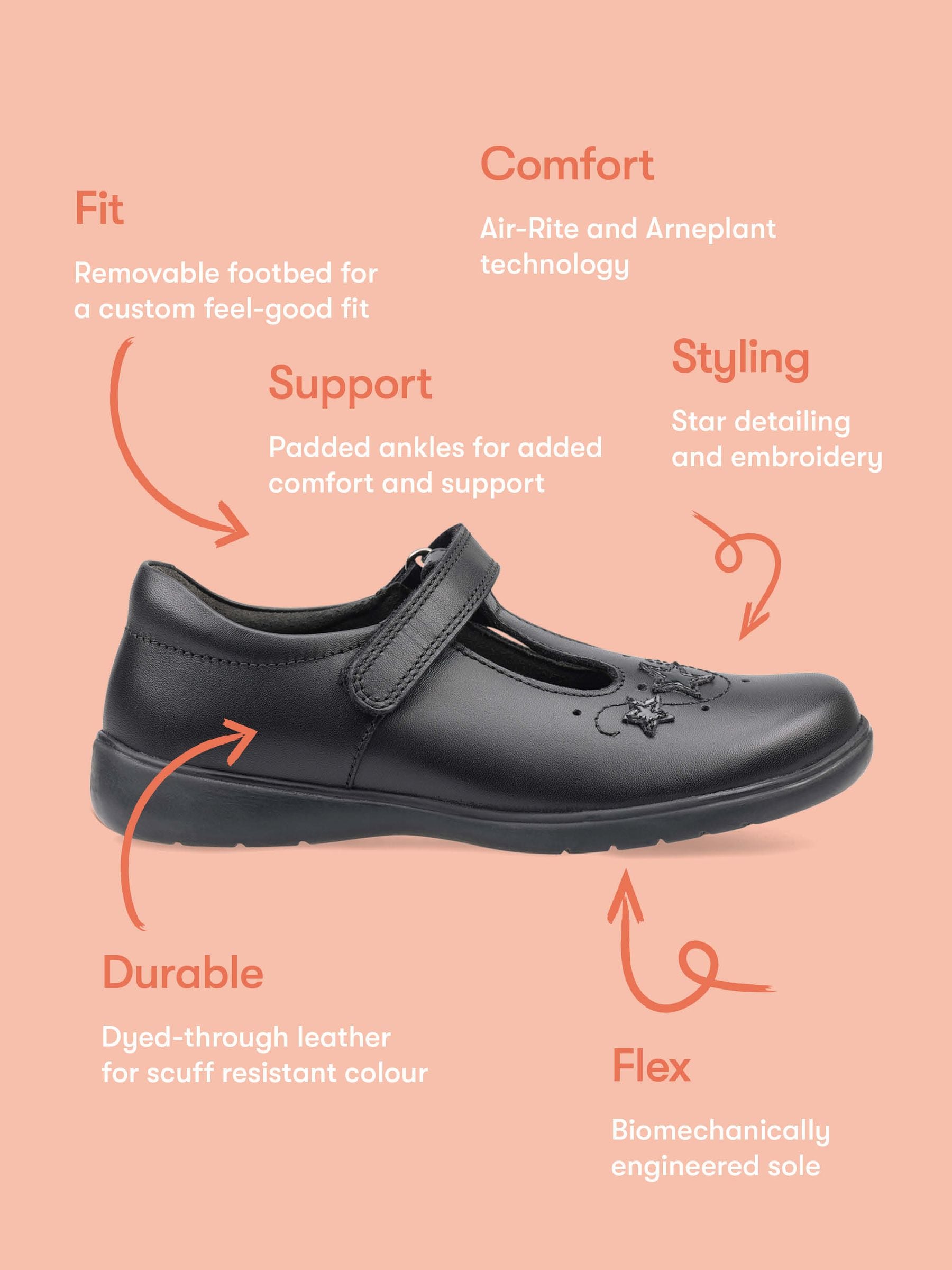 Start Rite Black Wide Fit Star Jump T-Bar Leather School Shoes image 7