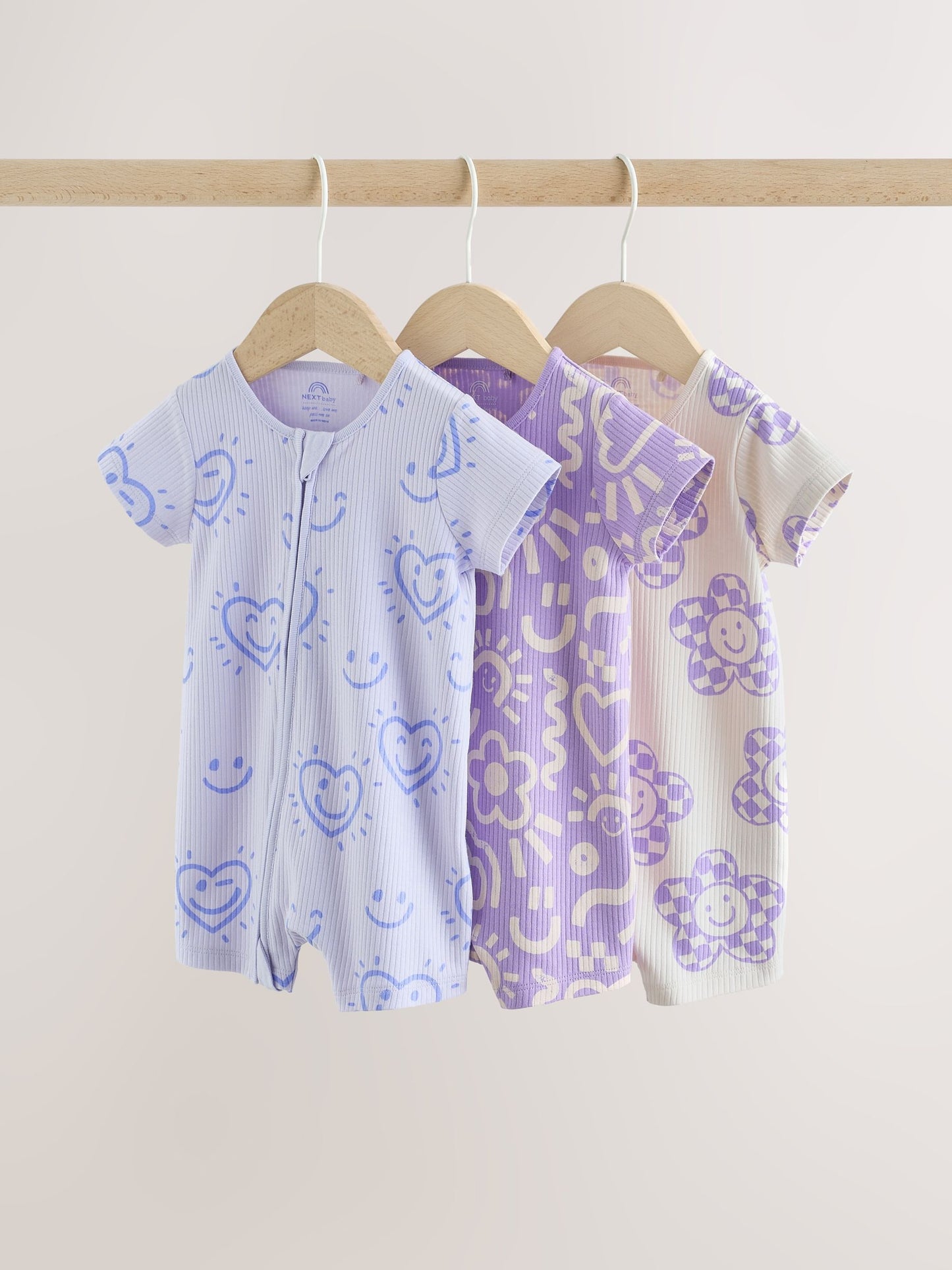 Lilac Purple Two Way Zip Baby Sleepsuits 3 Pack (0mths-3yrs) image 1