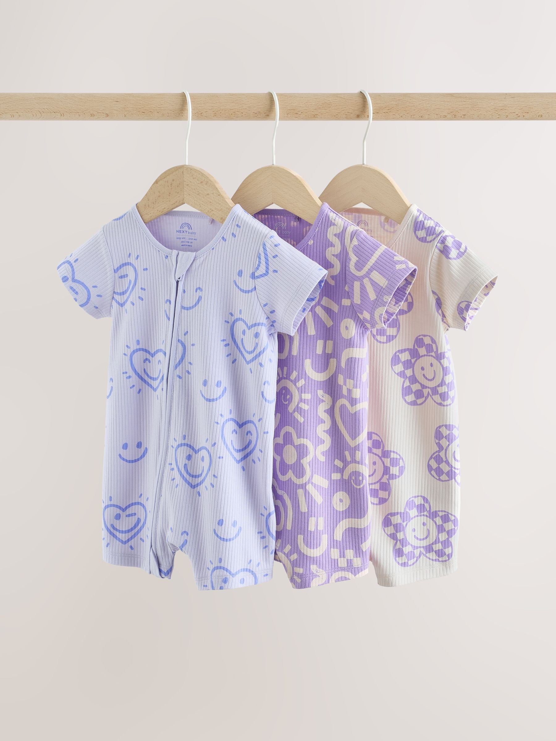 Lilac Purple Two Way Zip Baby Sleepsuits 3 Pack (0mths-3yrs) image 1