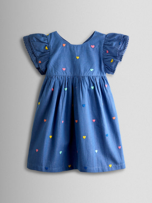 JoJo Maman Bébé Chambray Blue Hearts Embroidered Frill Sleeve Dress image 1