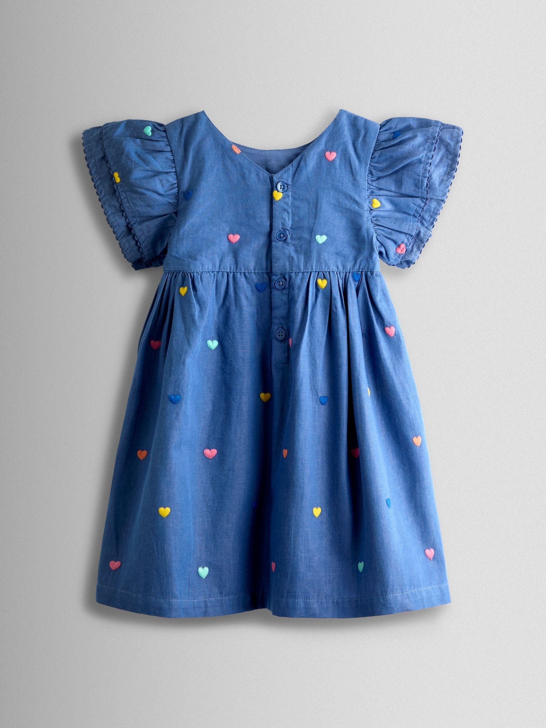 JoJo Maman Bébé Chambray Blue Hearts Embroidered Frill Sleeve Dress image 4