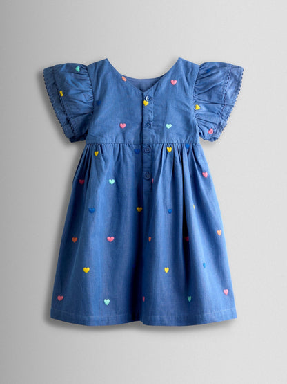 JoJo Maman Bébé Chambray Blue Hearts Embroidered Frill Sleeve Dress image 4