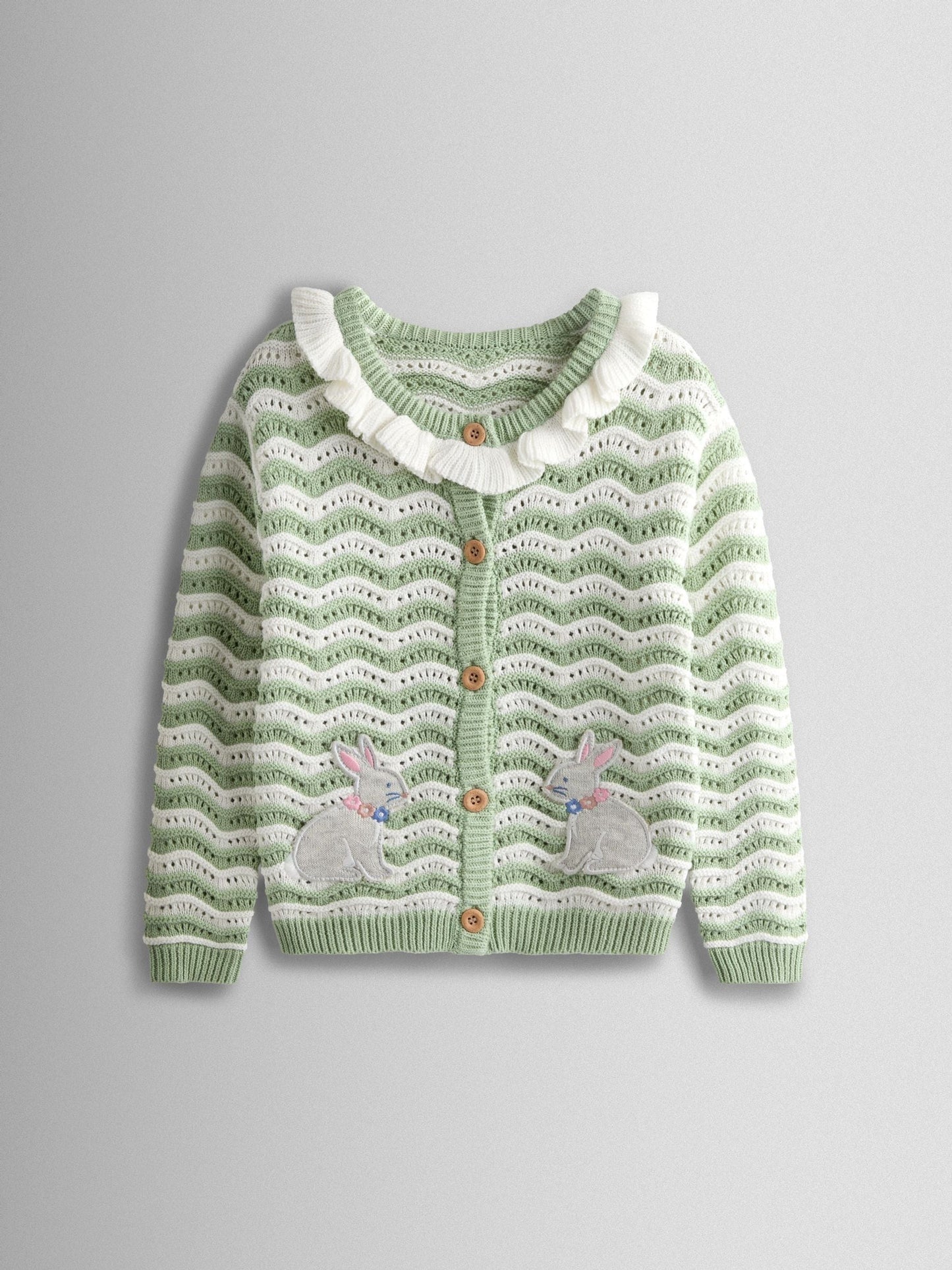 Dsiney Kidz - JoJo Maman Bébé Green Bunny Wavy Knit Appliqué Cardigan image 1