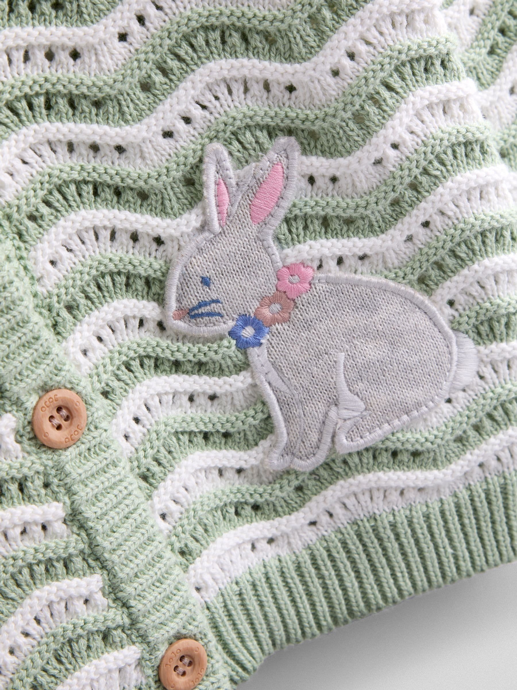 Dsiney Kidz - JoJo Maman Bébé Green Bunny Wavy Knit Appliqué Cardigan image 4