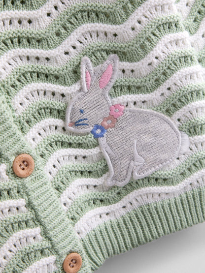 Dsiney Kidz - JoJo Maman Bébé Green Bunny Wavy Knit Appliqué Cardigan image 4