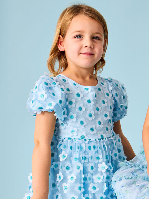 JoJo Maman Bébé Light Blue Sequin Appliqué Flower Puff Sleeve Dress image 1