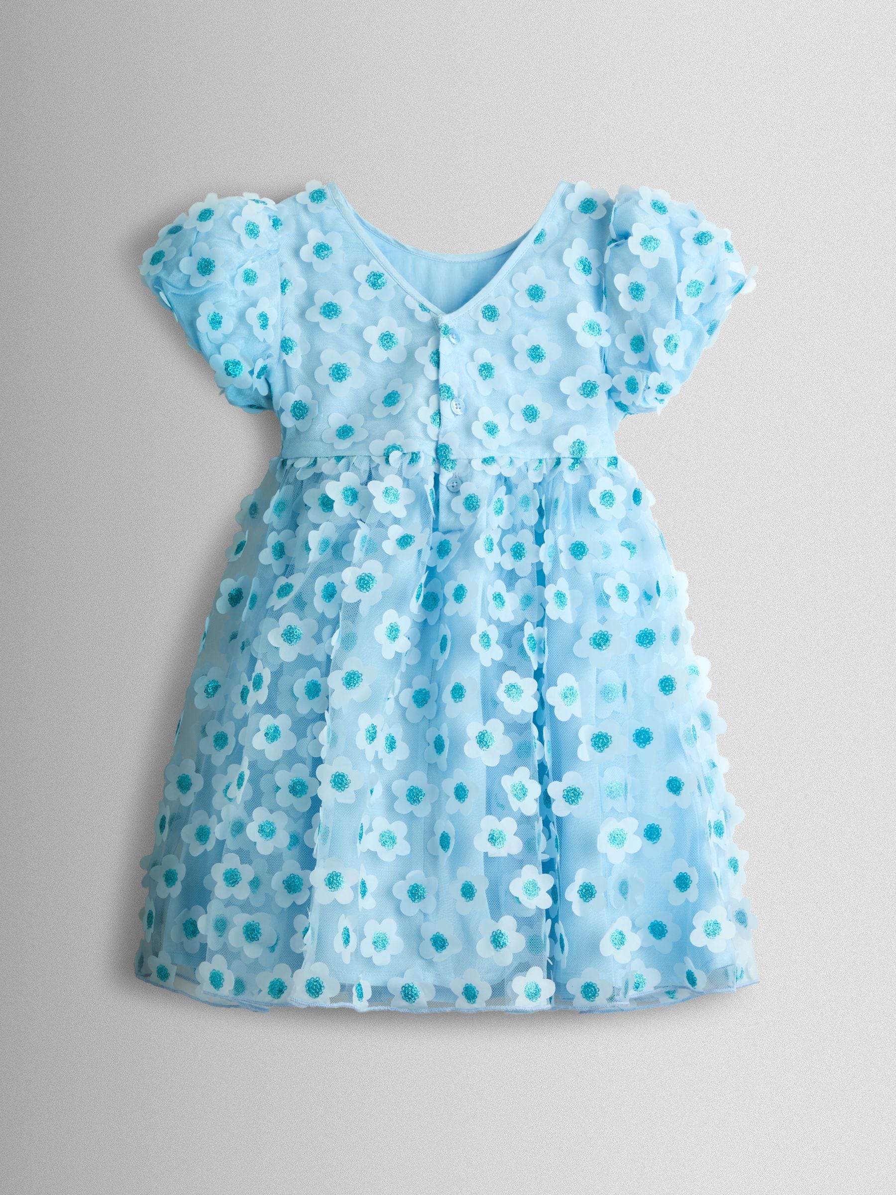 JoJo Maman Bébé Light Blue Sequin Appliqué Flower Puff Sleeve Dress image 3