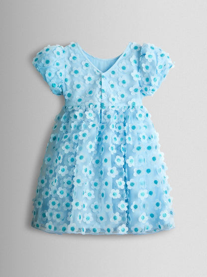 JoJo Maman Bébé Light Blue Sequin Appliqué Flower Puff Sleeve Dress image 3