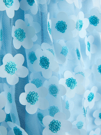 JoJo Maman Bébé Light Blue Sequin Appliqué Flower Puff Sleeve Dress image 4