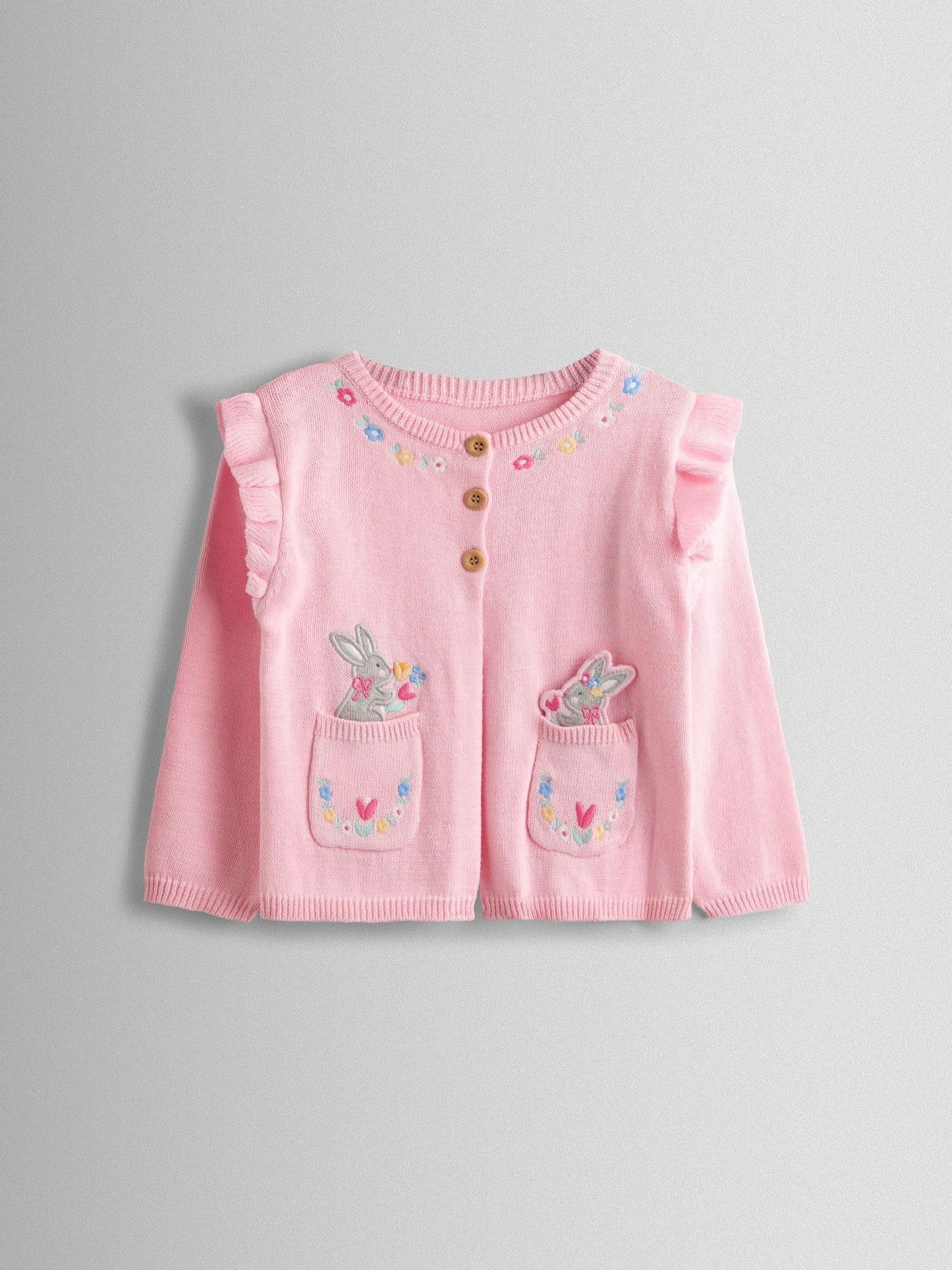 Dsiney Kidz - JoJo Maman Bébé Light Pink Bunny Pet-In-Pocket Embroidered Frill Cardigan image 1