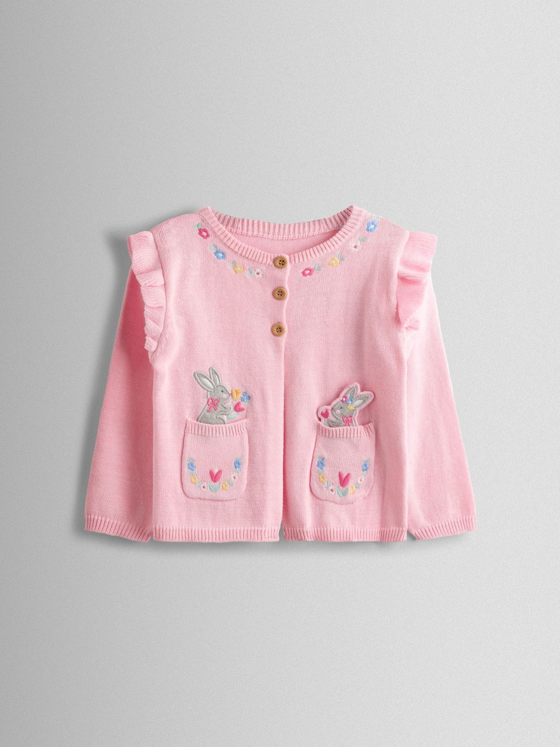 Dsiney Kidz - JoJo Maman Bébé Light Pink Bunny Pet-In-Pocket Embroidered Frill Cardigan image 1