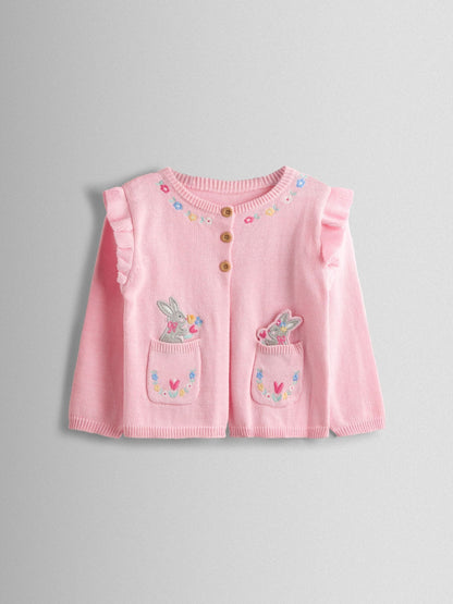 Dsiney Kidz - JoJo Maman Bébé Light Pink Bunny Pet-In-Pocket Embroidered Frill Cardigan image 1