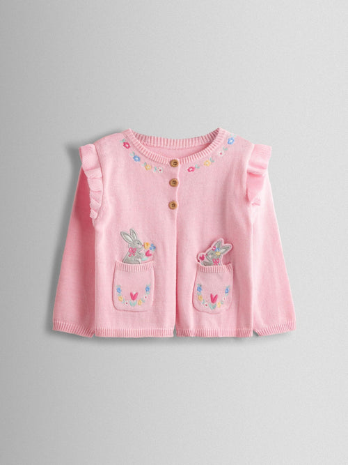 Dsiney Kidz - JoJo Maman Bébé Light Pink Bunny Pet-In-Pocket Embroidered Frill Cardigan image 1
