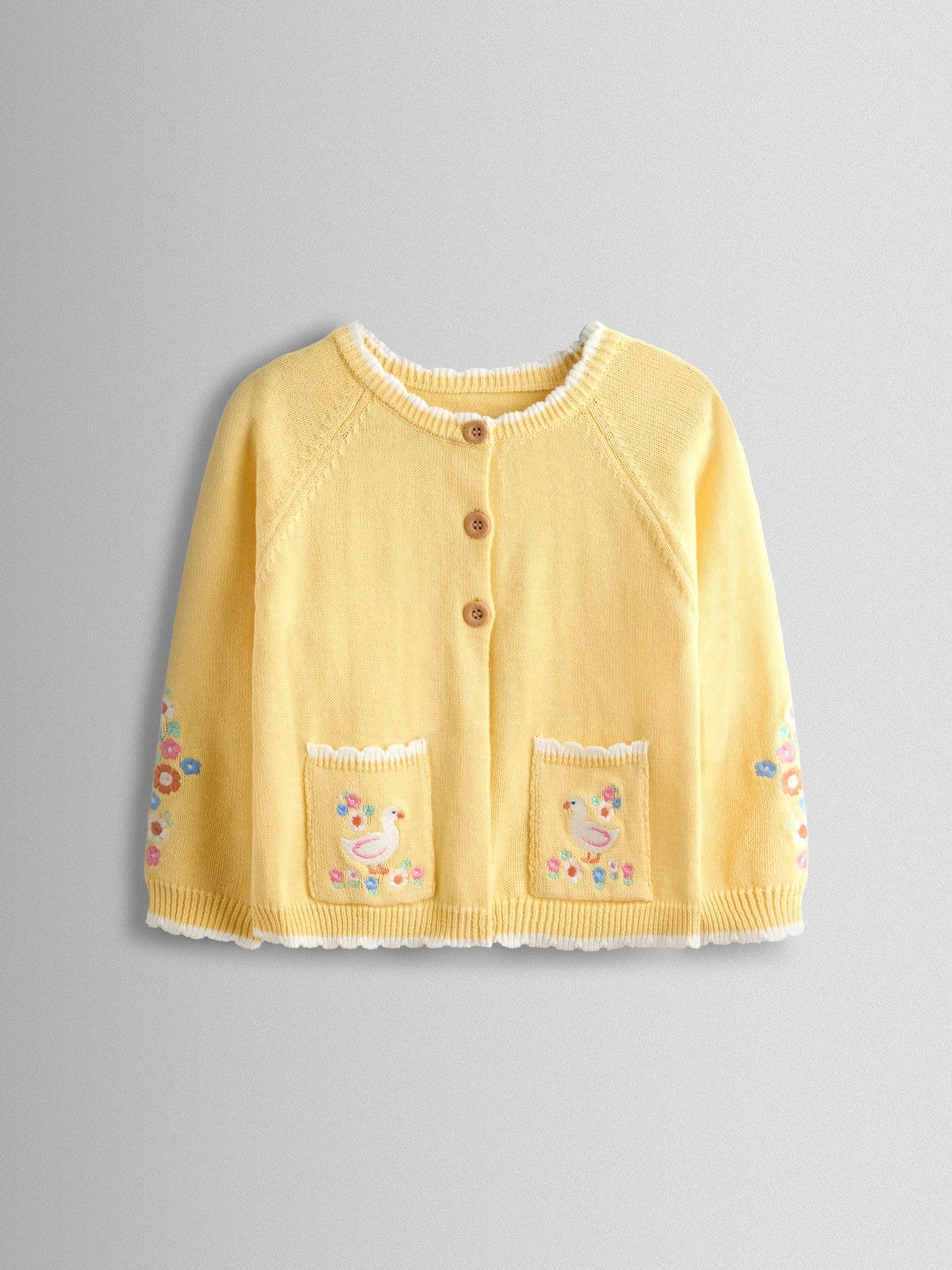 Dsiney Kidz - JoJo Maman Bébé Light Yellow Scallop Edge Embroidered Pocket Cardigan image 1
