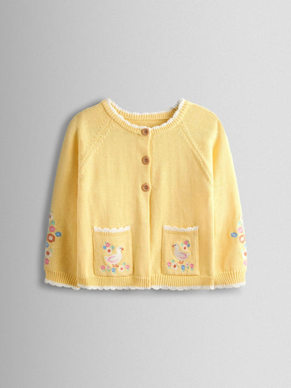 Dsiney Kidz - JoJo Maman Bébé Light Yellow Scallop Edge Embroidered Pocket Cardigan image 1
