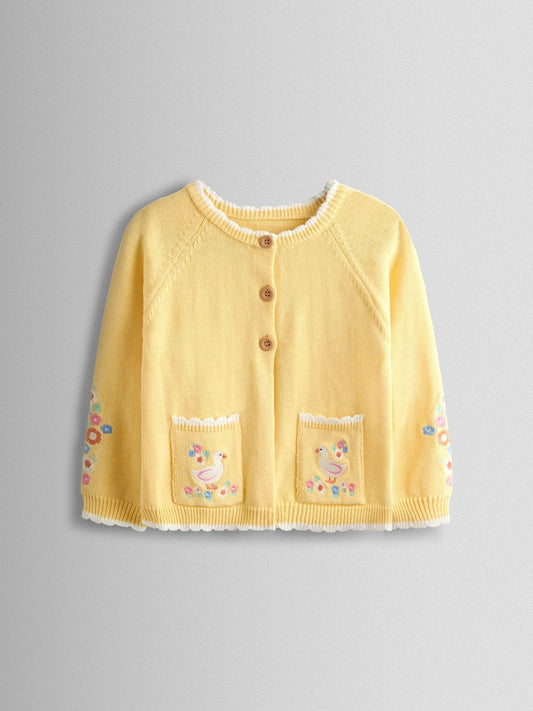 Dsiney Kidz - JoJo Maman Bébé Light Yellow Scallop Edge Embroidered Pocket Cardigan image 1