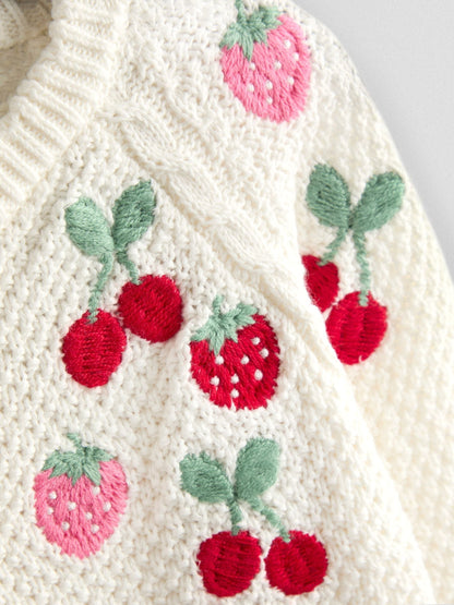 Dsiney Kidz - JoJo Maman Bébé Cream Fruit Embroidered Textured Cardigan image 3