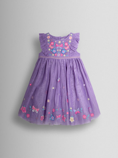 JoJo Maman Bébé Purple Floral Butterfly Ruffle Tulle Appliqué Party Dress image 1
