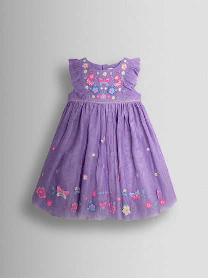 Dsiney Kidz - JoJo Maman Bébé Purple Floral Butterfly Ruffle Tulle Appliqué Party Dress image 1