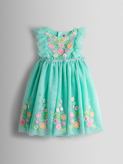 Dsiney Kidz - JoJo Maman Bébé Light Green Floral Ruffle Tulle Appliqué Party Dress image 1