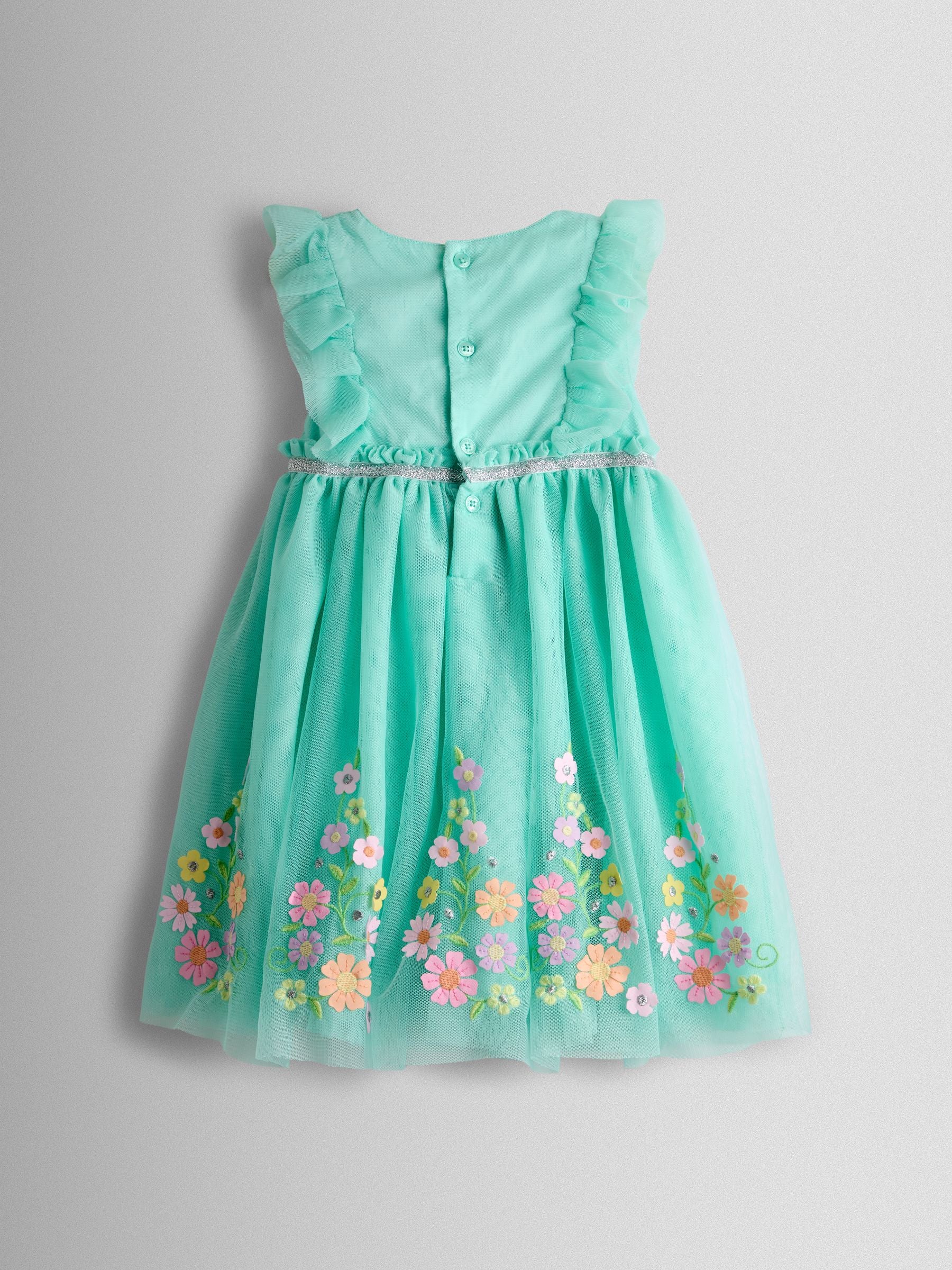 JoJo Maman Bébé Light Green Floral Ruffle Tulle Appliqué Party Dress image 3